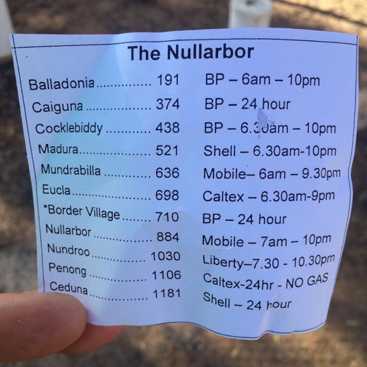 Paper slip showing Nullarbor roadhouse distances from Norseman