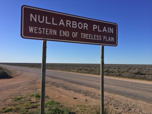 Nullarbor Plain sign marking the western end of the treeless plain beside the Eyre Highway