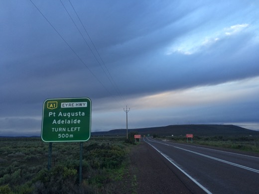 Eyre Highway sign showing Port Augusta and Adelaide to the left