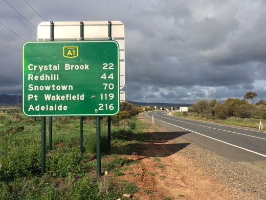 Augusta Highway distance sign showing Crystal Brook, Snowtown, Port Wakefield, and Adelaide