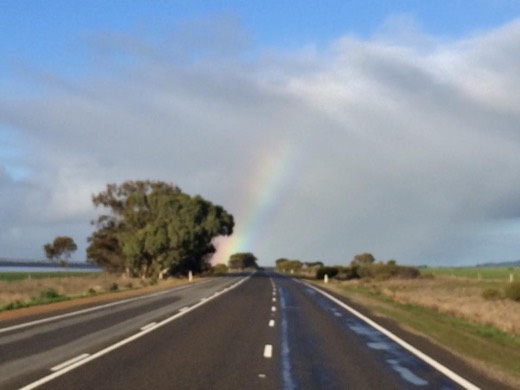Rainbow over the highway during the cold wet Day 61 walk