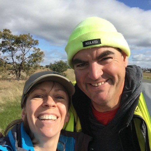 Gary smiling with Jo after she walked about 12 kilometres with him toward Melbourne