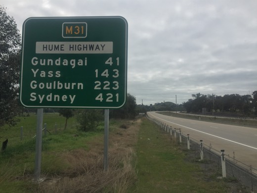 Road sign listing Gundagai, Yass, Goulburn and Sydney.
