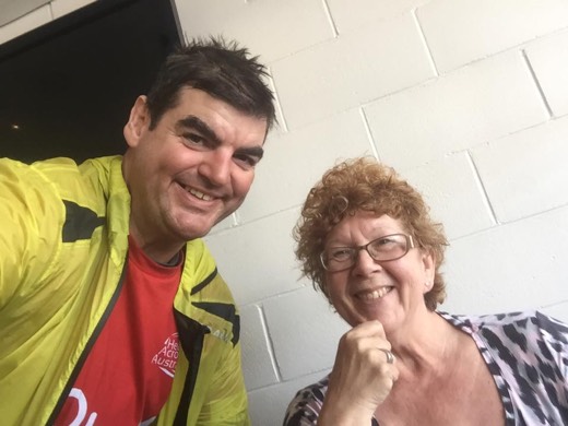 Gary with a customer inside Barney's at Bookham after the Day 95 coffee stop.