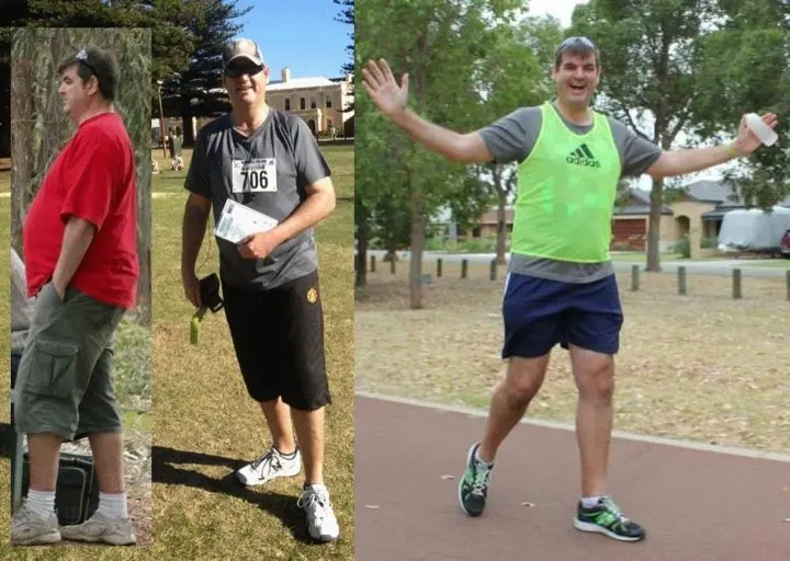 Three-photo collage showing Gary before training, after the September 2012 Freo 10km Fun Run with bib and certificate, and as a parkrun tail runner in 2014